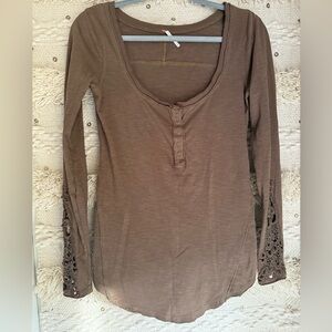 Free People deep neck Henley with crochet sleeve details